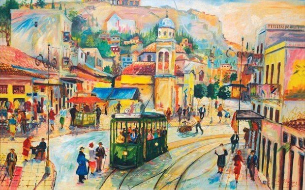 Γιώργος Σαββάκης, (Αθήνα, 1922-2004). Οδός Αθηνάς (Το τραμ στο Μοναστηράκι). Λάδι σε καμβά